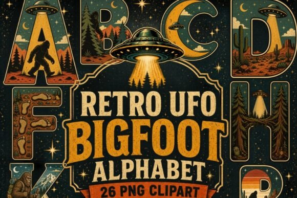 Download Retro UFO Bigfoot Alphabet PNG Bundle - Bundle Collection