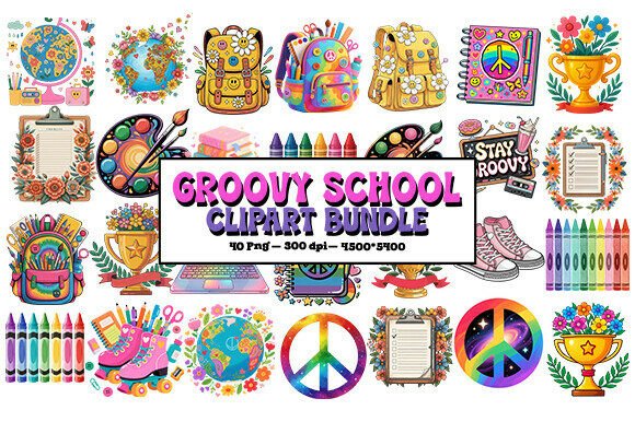 Download Retro Groovy School PNG Clipart Bundle - Bundle Collection