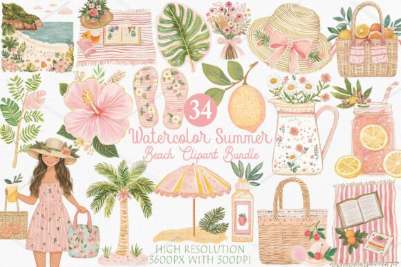 Download Watercolor Summer Beach Clipart Bundle - Bundle Collection
